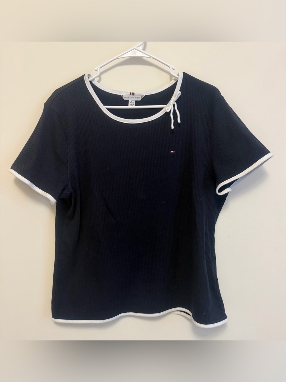 Tommy Hilfiger Women’s Navy Blue Cotton T-Shirt Top Short Sleeve White Trim